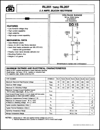 RL203 datasheet: Silicon rectifier. Max recurrent peak reverse voltage 200 V. Max average forward rectified current 2.0 A. RL203