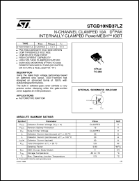 STGB10NB37LZ datasheet: N-CHANNEL CLAMPED 10A - D2PAK INTERNALLY CLAMPED POWERMESH IGBT STGB10NB37LZ