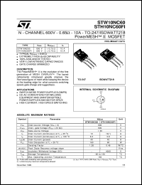 STW10NC60 datasheet: N-CHANNEL 6OOV - 0.65 OHM - 10A - TO-247 POWERMESH MOSFET STW10NC60