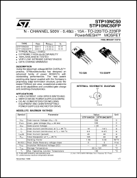 STP10NC50 datasheet: N-CHANNEL 500V - 0.48 OHM - 10A - TO-220/TO-220FP POWERMESH MOSFET STP10NC50