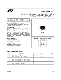 STS10NF30L datasheet: N-CHANNEL 30V - 0.011 OHM - 10A SO-8 STRIPFET POWER MOSFET STS10NF30L