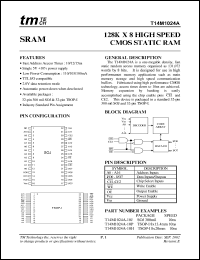 T14M1024-10P datasheet: 10ns; -0.5 to 7.0V; 1.0W; 50mA; 128 x 8 high speed CMOS static RAM T14M1024-10P
