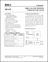 T15N1024A-100P datasheet: -0.5 to 4.6V; 0.7W; 128K x 8 low power CMOS static RAM T15N1024A-100P