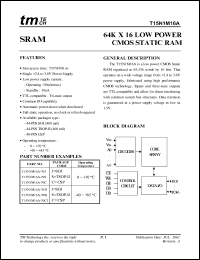 T15N1M16A-70SI datasheet: -0.5 to 4.6V; 0.7W; 64K x 16 low power CMOS static RAM T15N1M16A-70SI