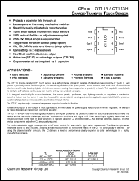 QT113-D datasheet: 0.5-6.5V; 20mA; charge-transfer touch sensor. For light switches, industrial panels, appliance control, security systems, access systems, pointing devices, elevator buttoms, toys & games QT113-D