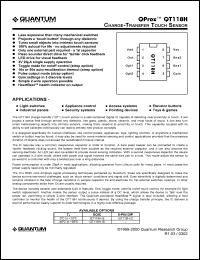 QT118H-D datasheet: 0.5-6.5V; 20mA; charge-transfer touch sensor. For light switches, industrial panels, appliance control, security systems, access systems, pointing devices, elevator buttoms, toys & games QT118H-D