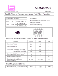 SDM4953 datasheet: -30V; -4.9A; dual P-channel enchanced mode field effect transistor SDM4953