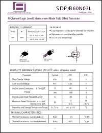 SDB60N03L datasheet: 30V; 60A; 75W; N-channel logic level enchanced mode field effect transistor SDB60N03L