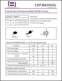 SDP65N03L datasheet: 30V; 65A; 75W; N-channel logic level enchanced mode field effect transistor SDP65N03L
