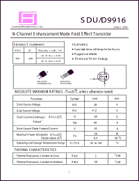 SDU9916 datasheet: 20V; 20A; 50W; N-channel enchanced mode field effect transistor SDU9916