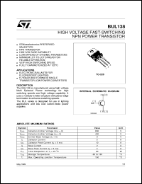 BUL138 datasheet: HIGH VOLTAGE FAST-SWITCHING NPN POWER TRANSISTOR BUL138