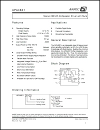 APA4801JI-TU datasheet: 3-7 V, stereo 280 mW 8 om speaker driver with mute APA4801JI-TU