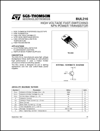 BUL216 datasheet: HIGH VOLTAGE FAST-SWITCHING NPN POWER TRANSISTOR BUL216