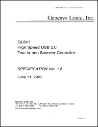 GL841 datasheet: 3.3 V, high speed USB 2.0 two-in-one scanner controller GL841