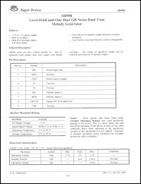 SD998 datasheet: 3 V, level hold and one shot 128 notes dual tone melody generator SD998