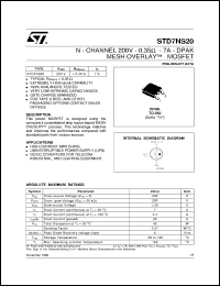 STD7NS20 datasheet: N-CHANNEL 200V - 0.35 OHM - 7A - DPAK MESH OVERLAY MOSFET STD7NS20