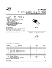 STP4N20 datasheet: N-CHANNEL 200V - 1.3 OHM - 4A TO-220 POWER MOS TRANSISTOR STP4N20