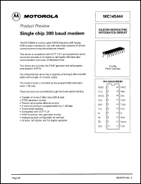 MC145444P datasheet: Single chip 300 baud modem. MC145444P