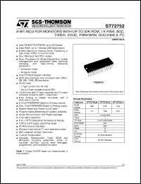 ST72752 datasheet: 8-BIT MICROCONTROLLER (MCU) FOR MONITORS WITH UP TO 32K ROM, 1K RAM, ADC, TIMER, SYNC, PWM/BRM, DDC DMA, I2C - PSDIP42 ST72752