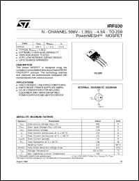 IRF830 datasheet: N-CHANNEL 500V - 1.35 OHM - 4.5A - TO-220 POWERMESH MOSFET IRF830