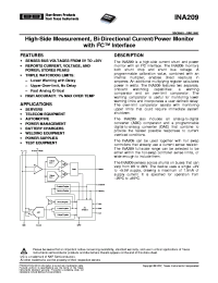 INA209 datasheet: High-Side Measurement, Bi-Directional Current/Power Monitor with I2C Interface INA209