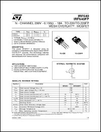 IRF640 datasheet: N-CHANNEL 200V - 0.150 OHM - 18A TO-220/TO-220FP MESH OVERLAY MOSFET IRF640