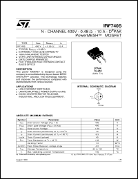 IRF740S datasheet: N-CHANNEL 400V - 0.48 OHM - 10A - D2PAK POWERMESH MOSFET IRF740S