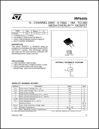 IRF640S datasheet: N-CHANNEL 200V - 0.150 OHM -18A TO-263 MESH OVERLAY MOSFET IRF640S