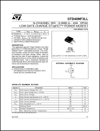 STD40NF3LL datasheet: N-CHANNEL 30V - 0.0095 OHM - 40A DPAK LOW GATE CHARGE STRIPFET POWER MOSFET STD40NF3LL