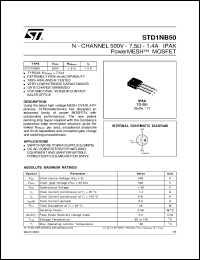 STD1NB50 datasheet: N-CHANNEL 500V -7.5 OHM -1.4A IPAK POWERMESH MOSFET STD1NB50