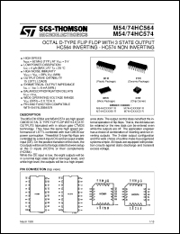 M74HC564 datasheet: OCTAL D-TYPE FLIP FLOP WITH 3 STATE OUTPUT HC564 INVERTING , HC574 NON INVERTING M74HC564