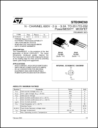 STD3NC60 datasheet: N-CHANNEL 600V - 2 OHM - 3.2A - TO-251 POWERMESH MOSFET STD3NC60