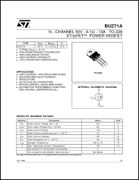 BUZ71A datasheet: N-CHANNEL 50V - 0.1 OHM - 13A TO-220 STRIPFET POWER MOSFET BUZ71A