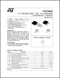 STD1NB80 datasheet: N-CHANNEL 800V - 16 OHM - 1A - DPAK/IPAK POWERMESH MOSFET STD1NB80