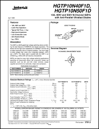 HGTP10N50F1D datasheet: 10A, 400V and 500V N-Channel IGBTs with Anti-Parallel Ultrafast Diodes HGTP10N50F1D