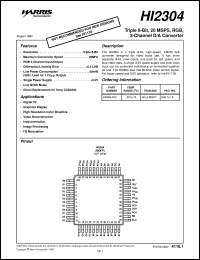 HI2304 datasheet: Triple 8-Bit, 20 MSPS, RGB, 3-Channel D/A Converter HI2304