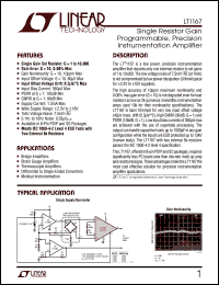 LT1167 datasheet: Single Resistor Gain Programmable, Precision Instrumentation Amplifier LT1167