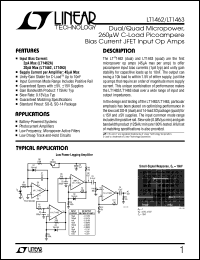 LT1462 datasheet: Dual/Quad Micropower,  260W C-Load Picoampere  Bias Current JFET Input Op Amps LT1462