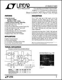 LT1464 datasheet: Dual/Quad Micropower, 1MHzC-Load Picoampere  Bias Current JFET Input Op Amps LT1464