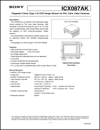 ICX087AK datasheet: Diagonal 4.5mm(Type 1/4)CCD Image Sensor for PALColor Video Cameras ICX087AK