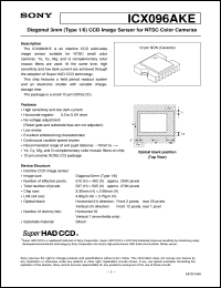 ICX096AKE datasheet: Diagonal 3mm(Type 1/6)CCD Image Sensor for NTSCColor Cameras ICX096AKE