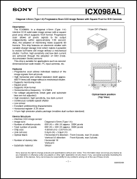 ICX098AL datasheet: Diagonal 4.5mm(Type 1/4)Progressive Scan CCD ImageSensor with Square Pixel for B/W Cameras ICX098AL
