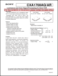 CXA1700AR datasheet: Luminance and Color Signal Processing for 8mm VCR CXA1700AR