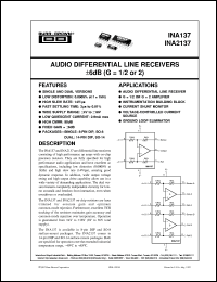 INA137UA datasheet: Audio Differential Line Receivers, ±6dB (G=1/2 or 2) INA137UA