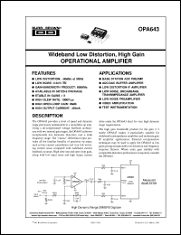 OPA643U datasheet: Wideband Low Distortion, High Gain Operational Amplifier OPA643U