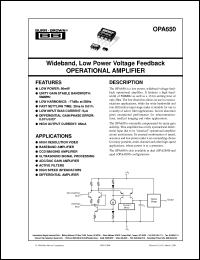 OPA650N/3K datasheet: Wideband, Low Power Voltage Feedback Operational Amplifier OPA650N/3K