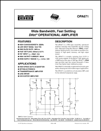 OPA671AP datasheet: Wide Bandwidth, Fast Setting Difet® Operational Amplifier OPA671AP