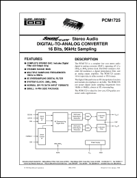 PCM1725U datasheet: SoundPlus™ Stereo Audio Digital-To-Analog Converter 16 Bits, 96kHz Sampling PCM1725U