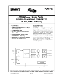 PCM1725U/2K datasheet: SoundPlus™ Stereo Audio Digital-To-Analog Converter 16 Bits, 96kHz Sampling PCM1725U/2K