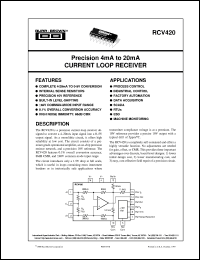 RCV420JP datasheet: Precision 4mA to 20mA Current Loop Receiver RCV420JP
